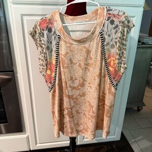 Ces Femme Orange and Pink Flutter Sleeve Blouse